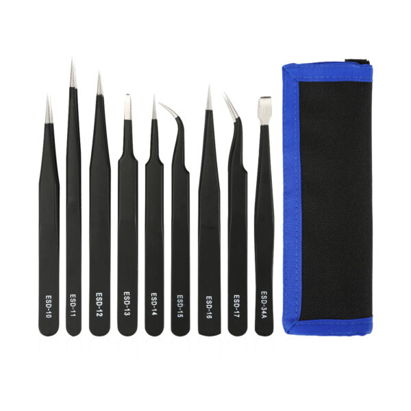 Deltaco Tweezers Kit for Electronics / ESD, 9 par- Black